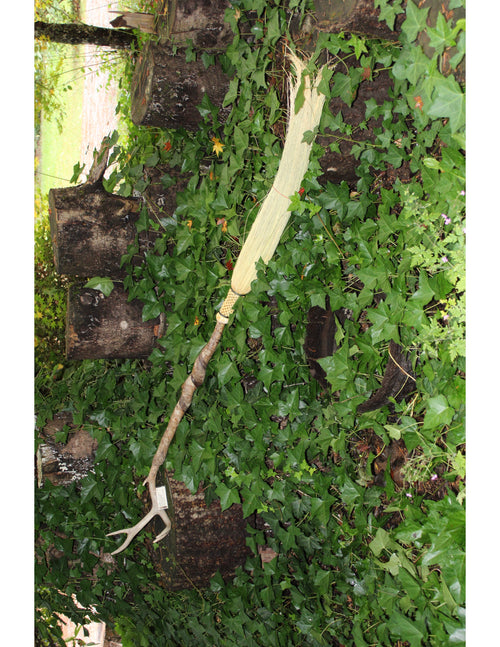 Natural Vine-Twisted Beech Handled Broom with Attached Antler