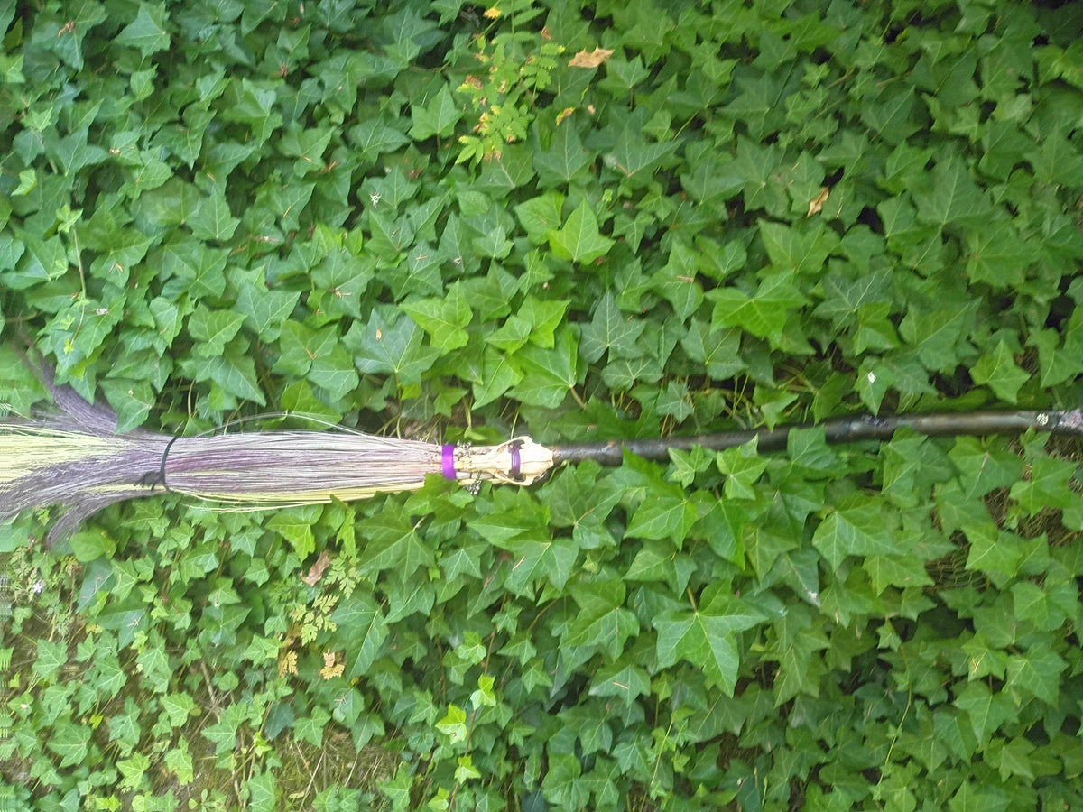 A long, driftwood handle broom with natural and purple hand dyed broomcorn bristles. Woven with Appalachian weave and purple cord. Decorated with purple ribbon, a real fox skull, bells, moss & amethyst crystals lying on a bed of ivy leaves.